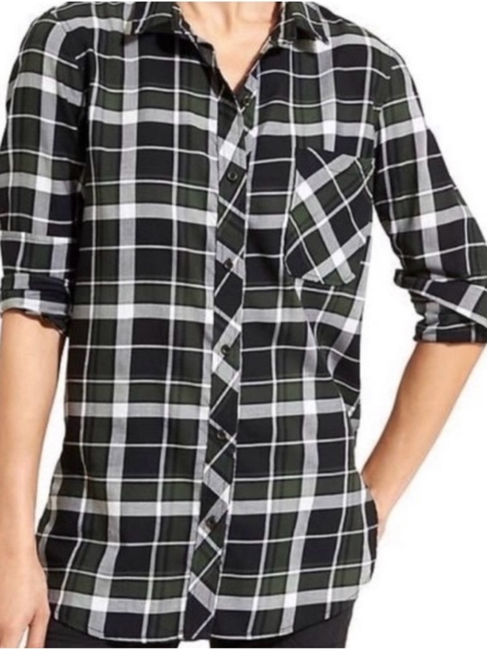 Athleta Sierra Plaid Boyfriend Shirt XL Black White Green Cotton Button Front